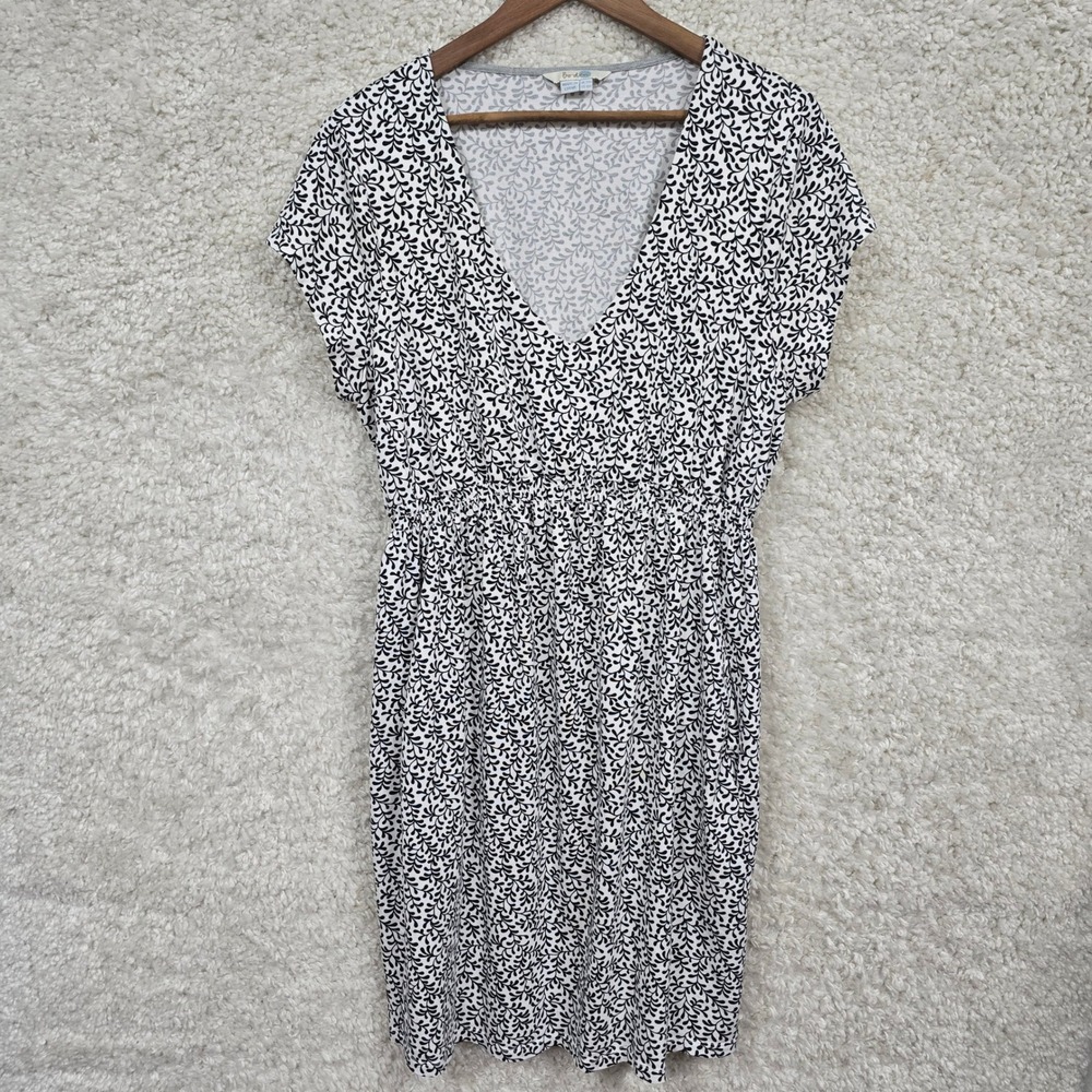 Boden Leaf Print Dress Women 16R Black White V-Neck Pocket Jersey‎ Casual Preppy